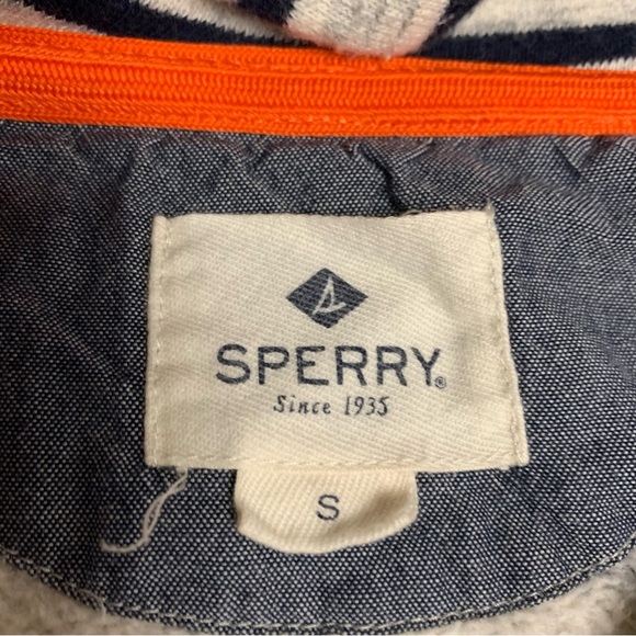 Sperry size small blue/gray Striped Lace-Up Hoodie front pocket - Picture 6 of 9